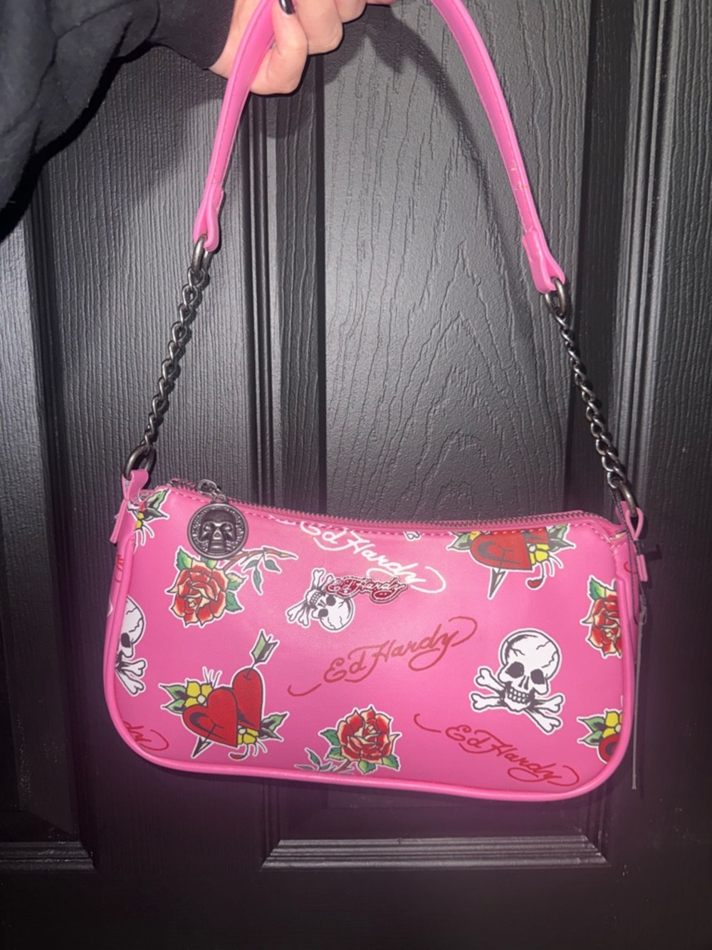 Ed Hardy Hot Pink Tattoo-Print Shoulder Bag nwt